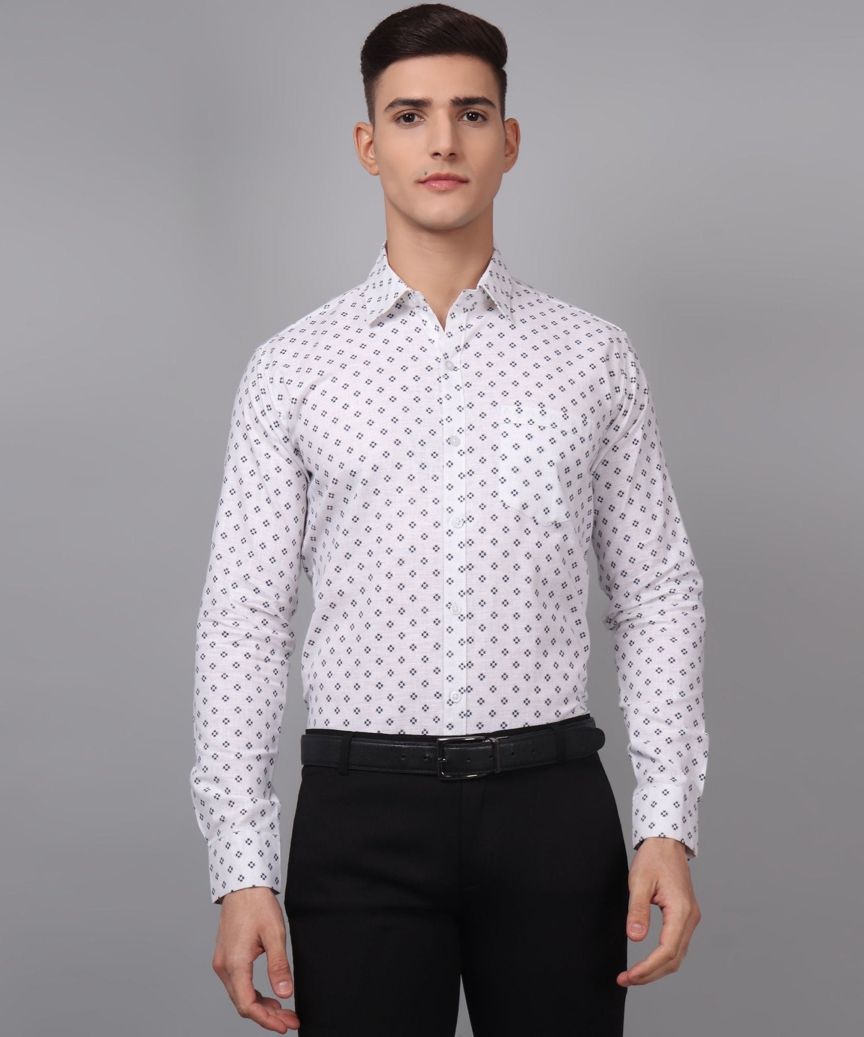 Luxe TryBuy Premium Cotton Linen White Printed Casual/Formal Shirt for Men - TryBuy® USA🇺🇸