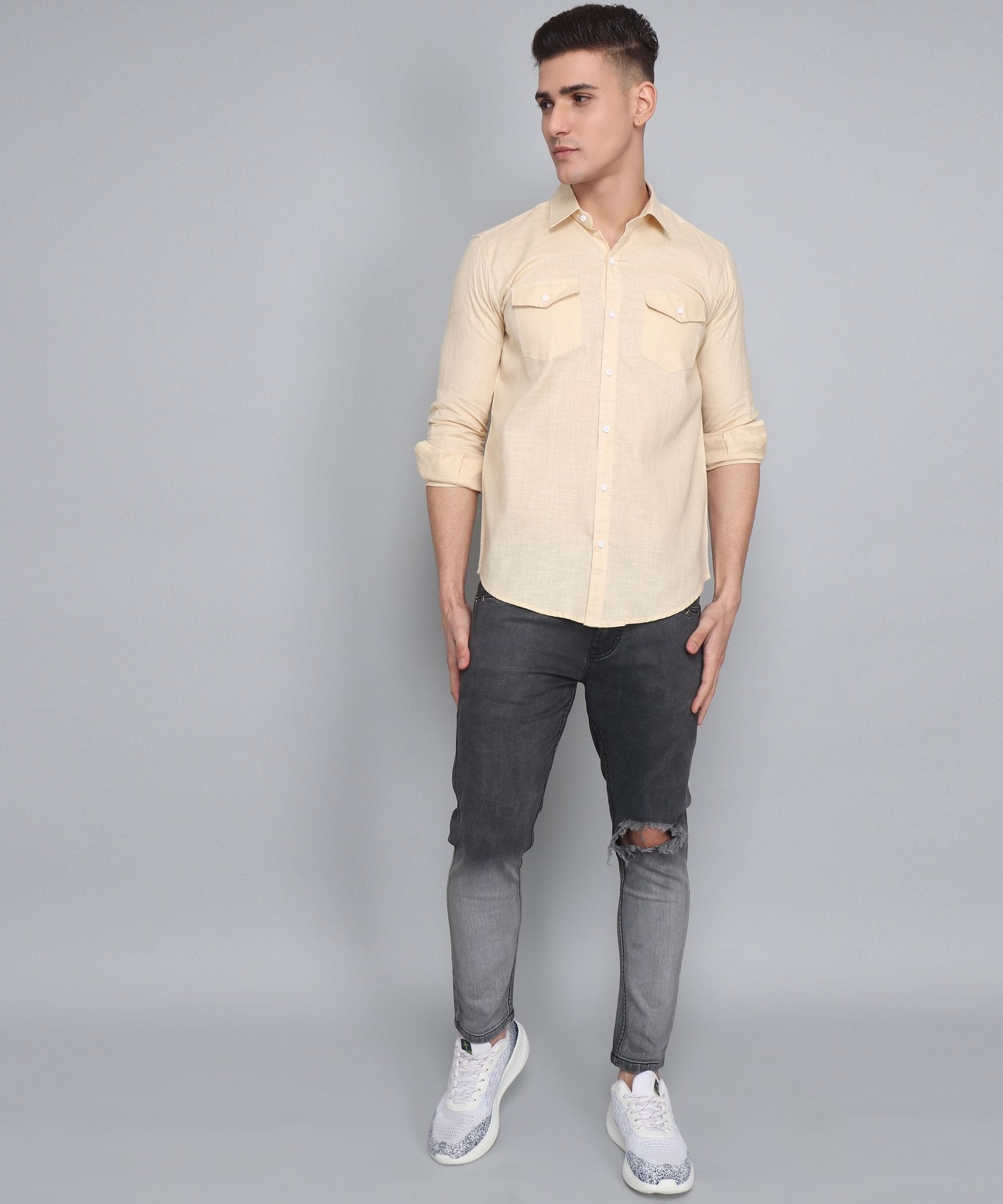 Men's Designer TryBuy Premium Cream Solid Cotton Linen Casual Double Pocket Shirt - TryBuy® USA🇺🇸