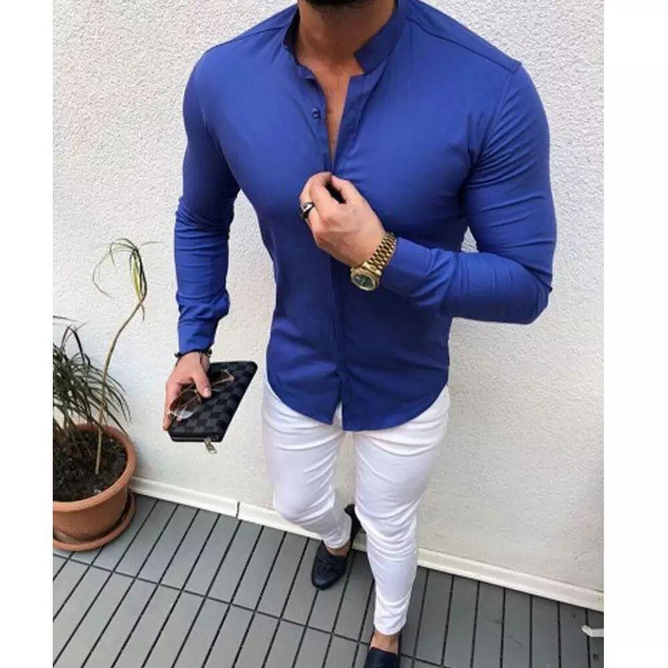 Men's Stylish Royal Blue Stand Collar Cotton Casual Shirt - TryBuy® USA🇺🇸