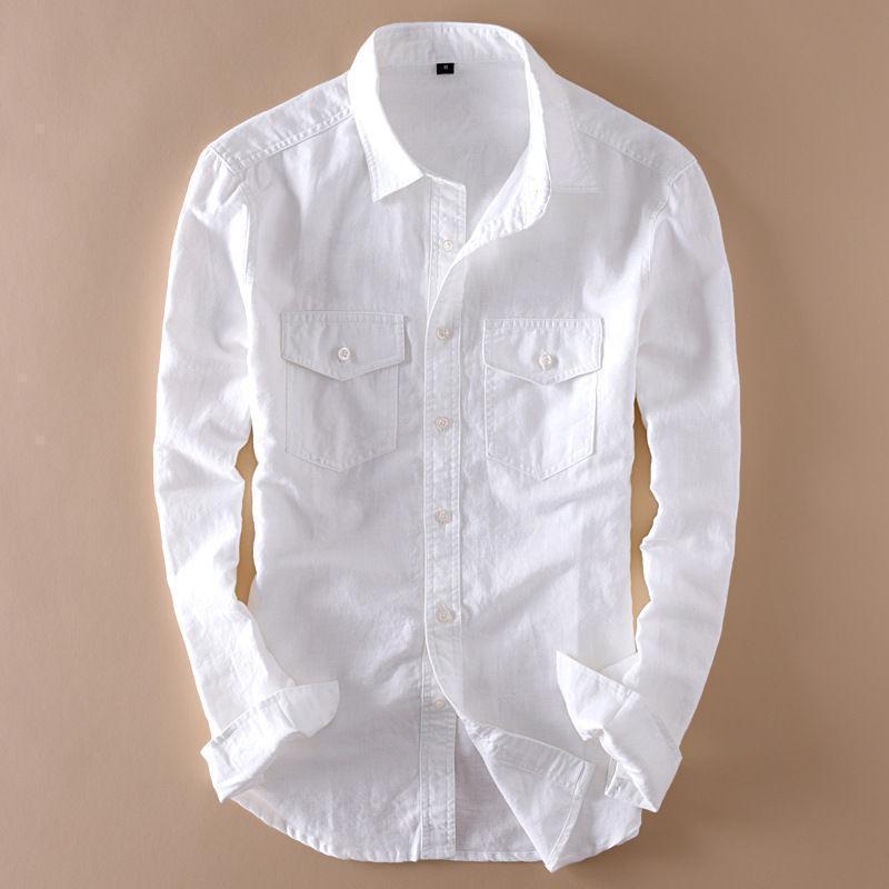Try this Exclusive Double Pocket White Casual Linen Shirt for Men - TryBuy® USA🇺🇸