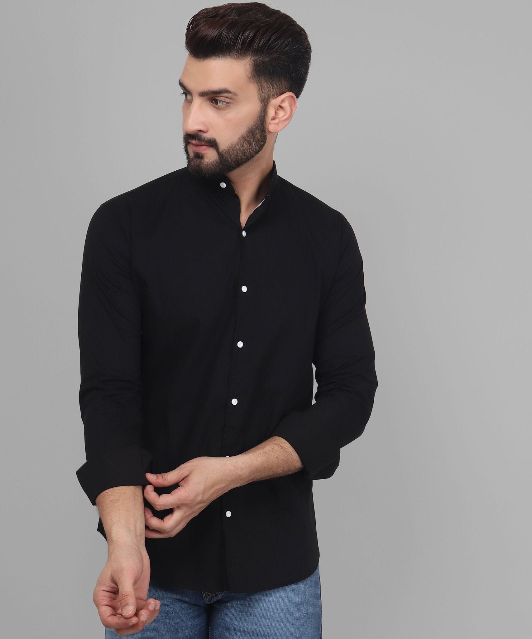 TryBuy Exclusive Men's Black Solid Band Casual Cotton Shirt - TryBuy® USA🇺🇸