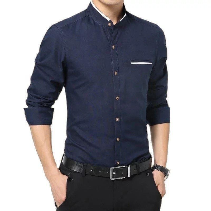 Trybuy Fancy Navy Blue Casual Cotton Solid Shirt for Men - TryBuy® USA🇺🇸