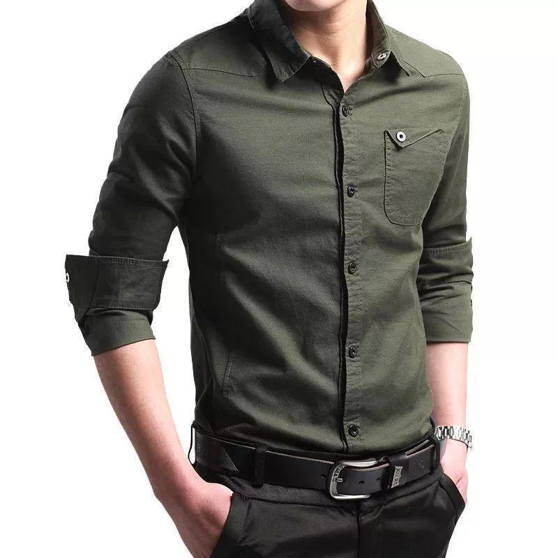 Trybuy Fashionable Army Green Cotton Casual Shirt for Men - TryBuy® USA🇺🇸