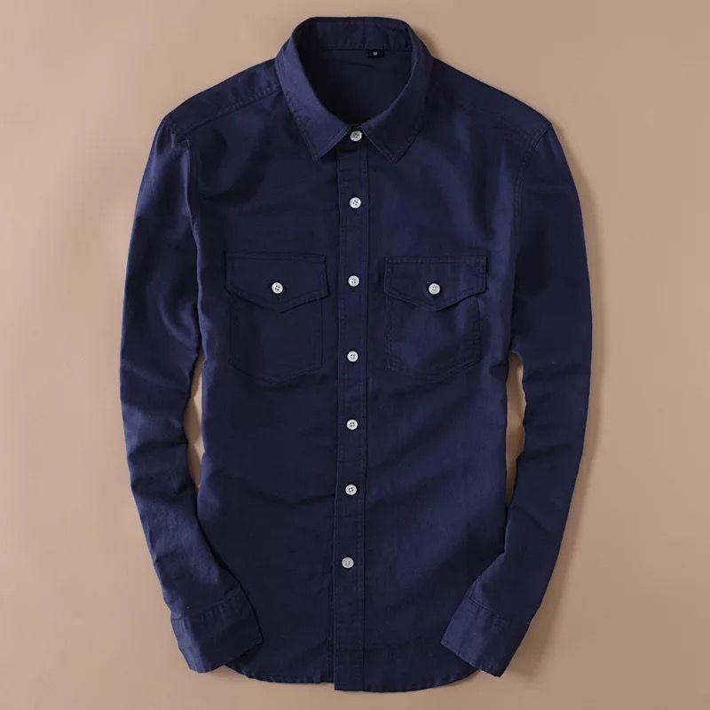 Trybuy Navy Blue Cotton Linen Double Pocket Casual Shirt for Men - TryBuy® USA🇺🇸