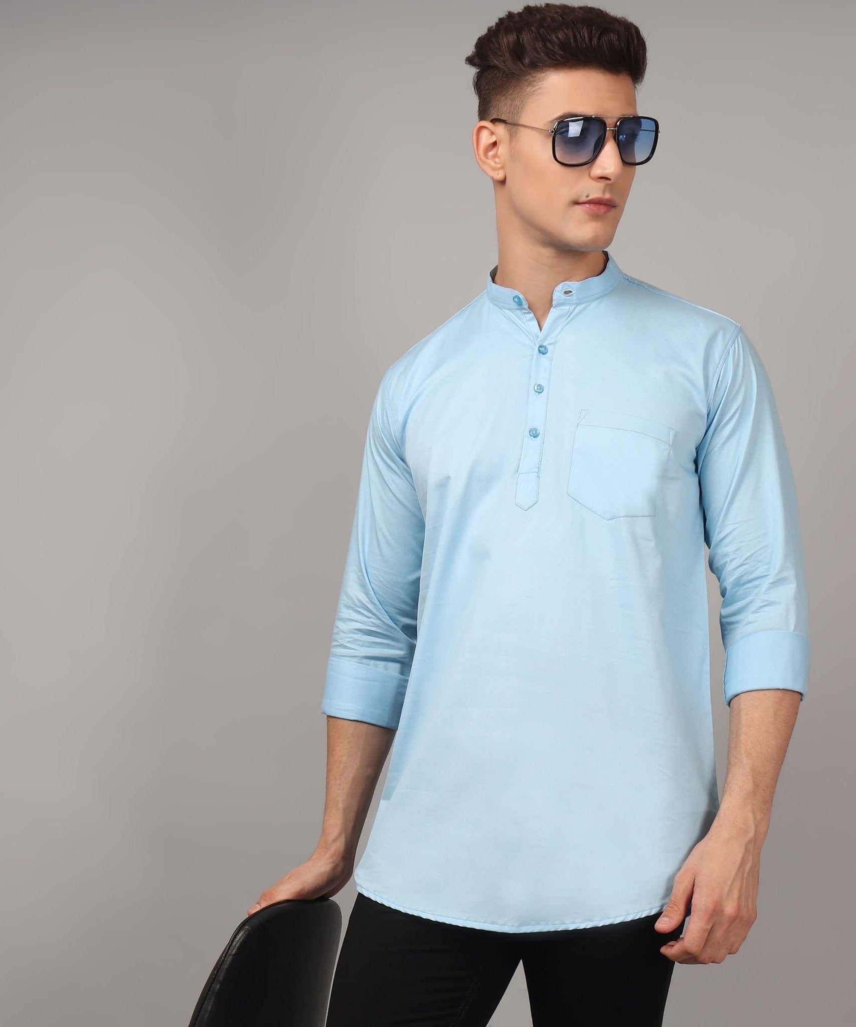 TryBuy Premium Cotton Made Trendy Ethnic Sky Blue Kurta for Men - TryBuy® USA🇺🇸
