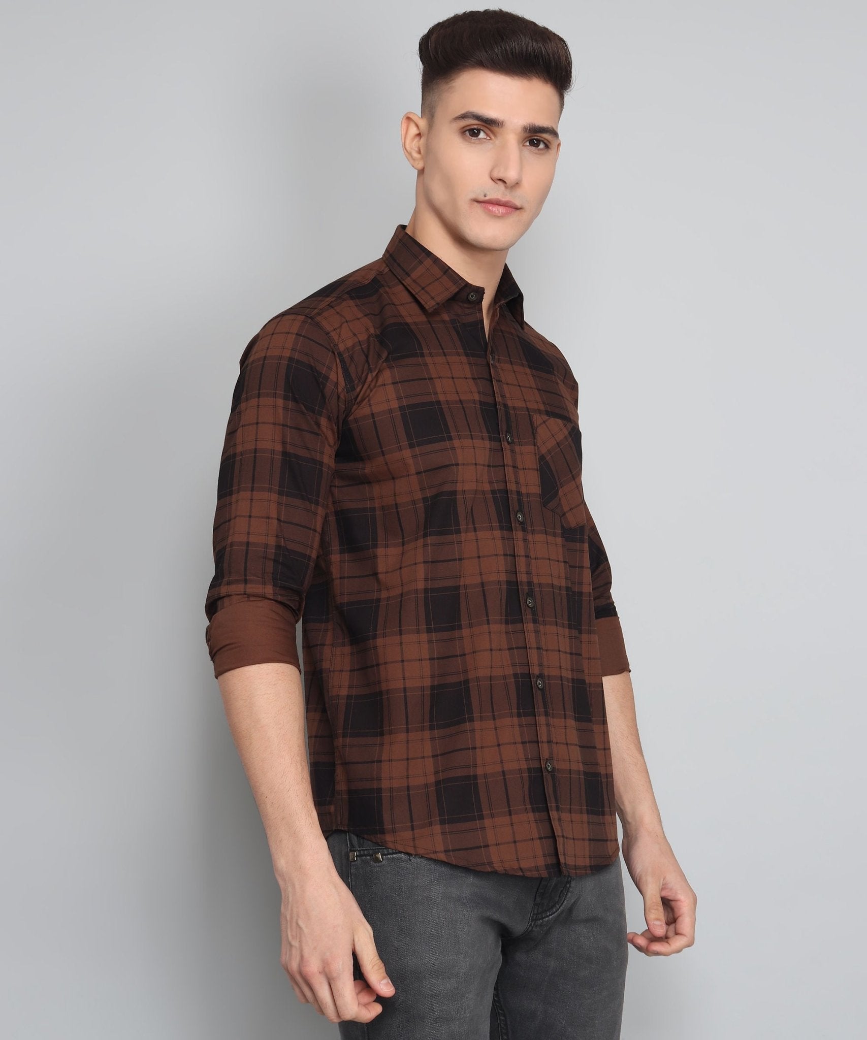 TryBuy Premium Exclusive Brown Black Cotton Casual Checks Shirt for Men - TryBuy® USA🇺🇸