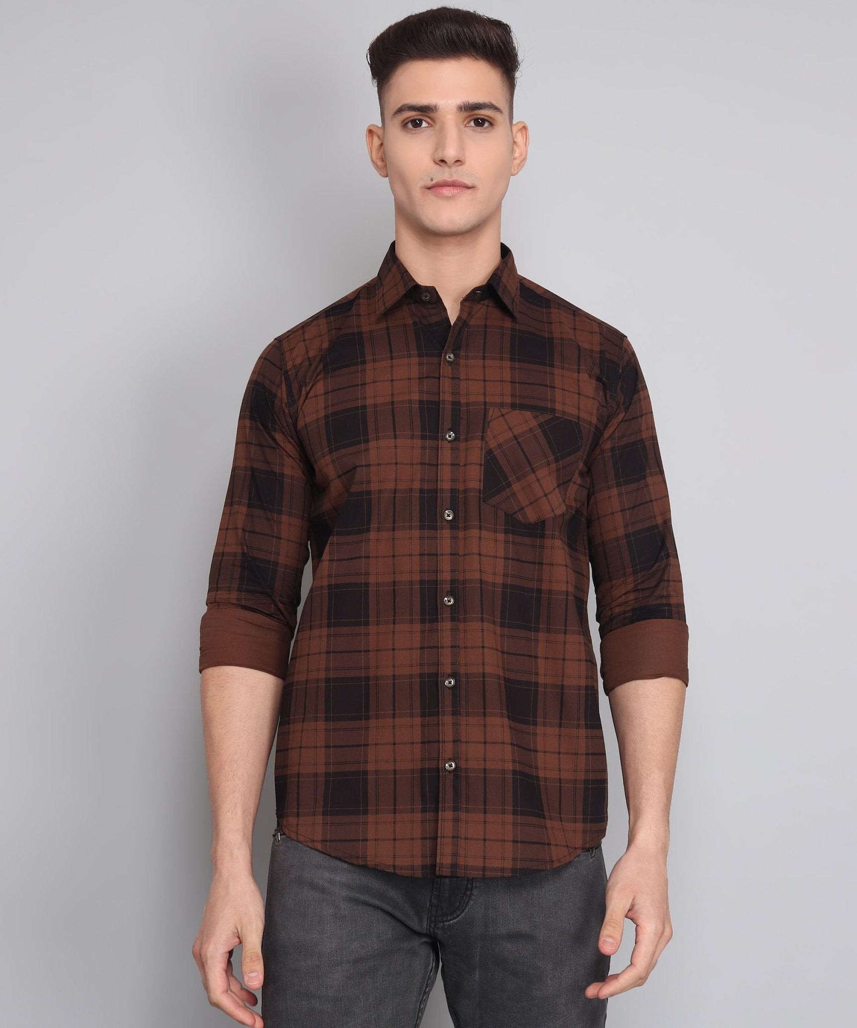 TryBuy Premium Exclusive Brown Black Cotton Casual Checks Shirt for Men - TryBuy® USA🇺🇸