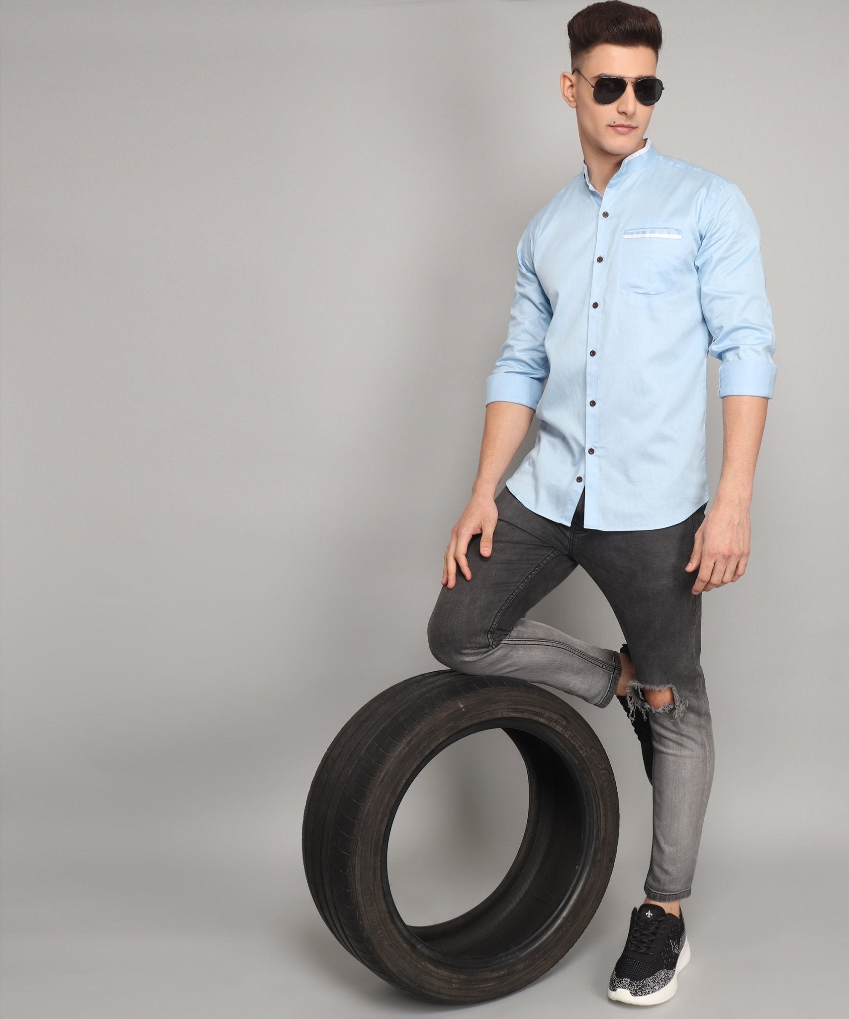 TryBuy Premium Fashionable Full Sleeves Mandarin Collar Sky Blue Cotton Casual Shirt for Men - TryBuy® USA🇺🇸