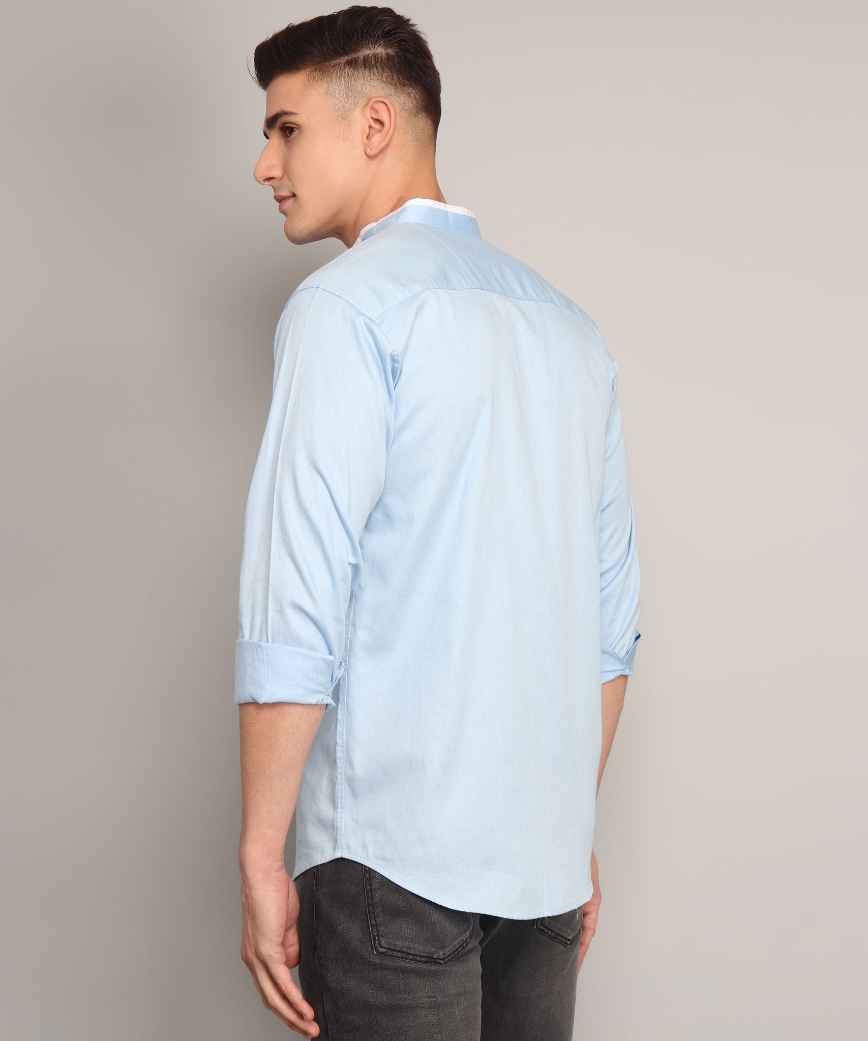 TryBuy Premium Fashionable Full Sleeves Mandarin Collar Sky Blue Cotton Casual Shirt for Men - TryBuy® USA🇺🇸
