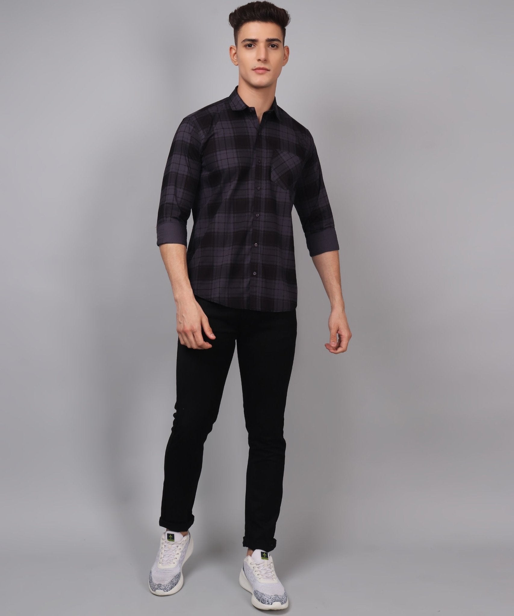 TryBuy Premium Grey Black Checks Cotton Casual Shirt for Men - TryBuy® USA🇺🇸