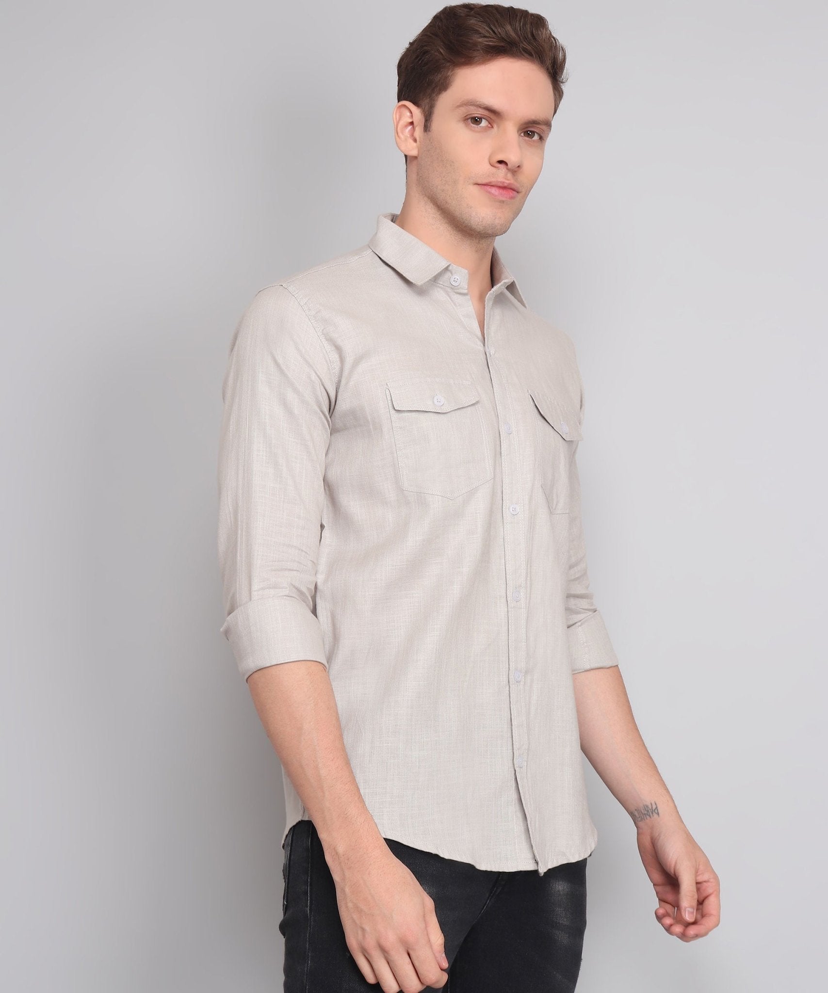TryBuy Premium Grey Solid Cotton Linen Casual Double Pocket Shirt for Men - TryBuy® USA🇺🇸