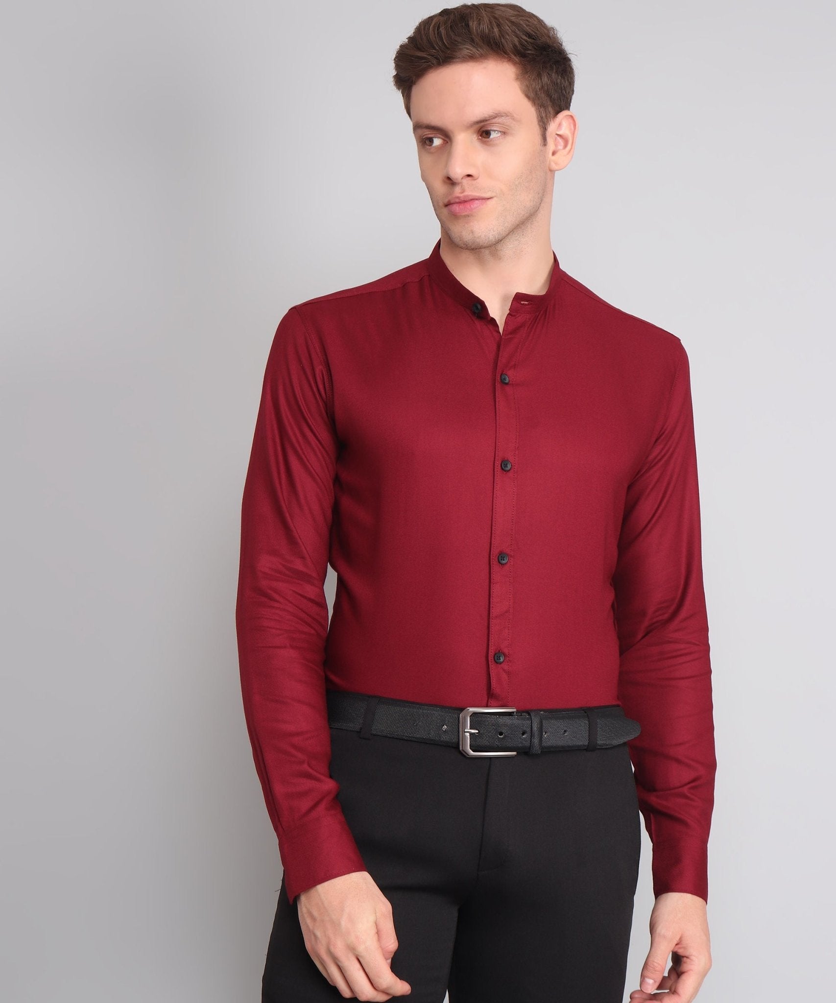 TryBuy Premium Luxurious Full Sleeves Mandarin Collar Maroon Cotton Casual Shirt for Men - TryBuy® USA🇺🇸