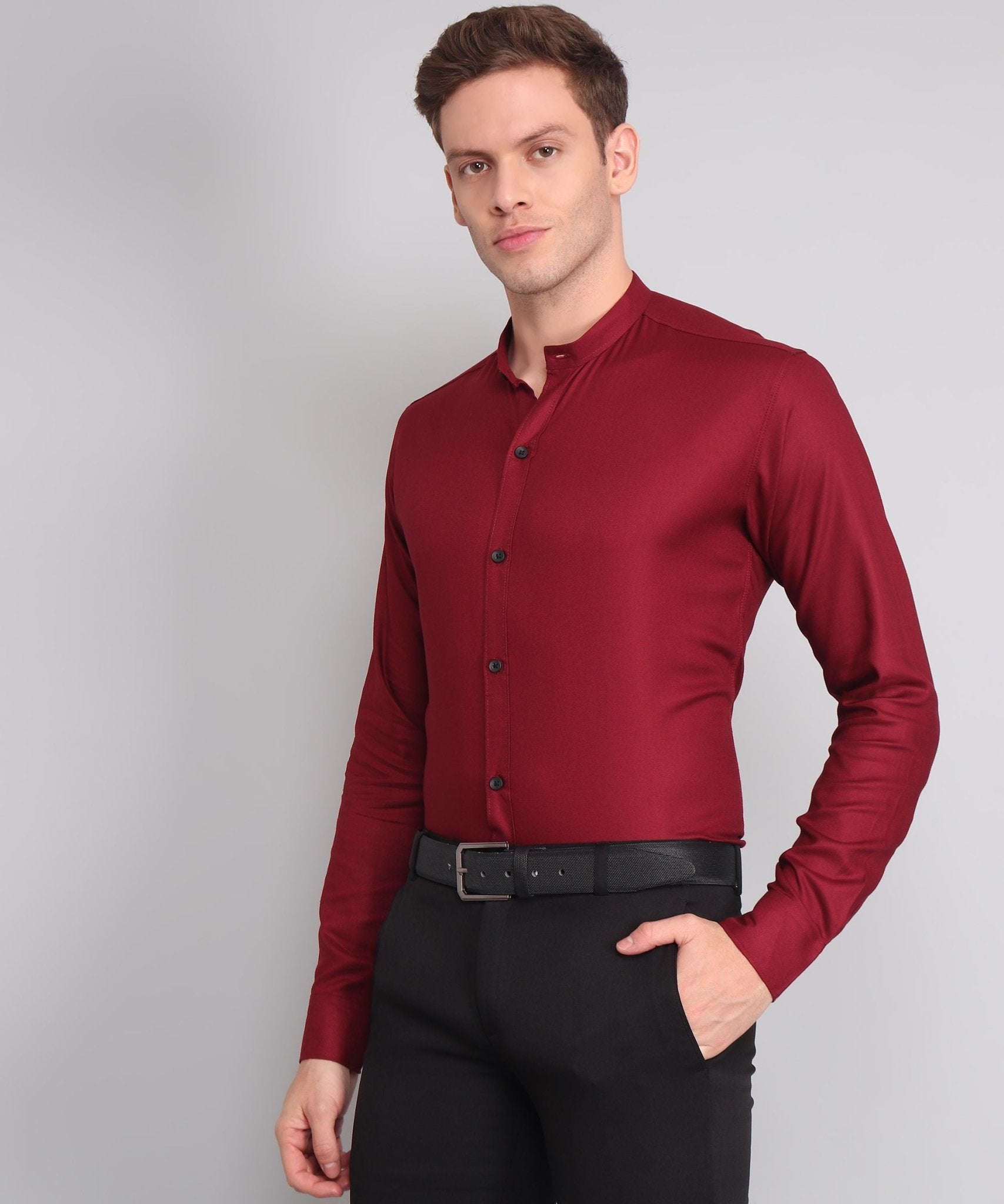 TryBuy Premium Luxurious Full Sleeves Mandarin Collar Maroon Cotton Casual Shirt for Men - TryBuy® USA🇺🇸