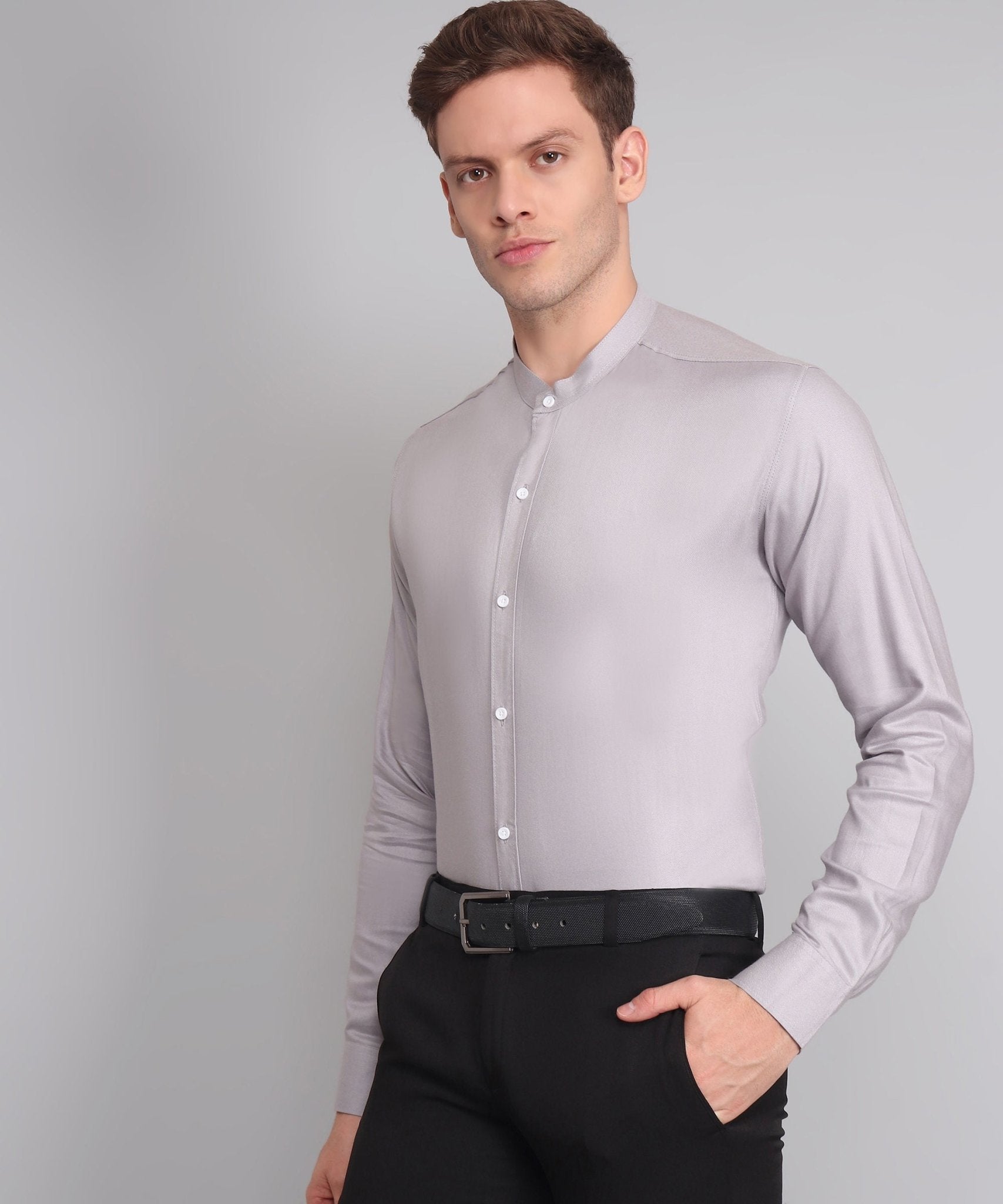 TryBuy Premium Luxurious Full Sleeves Mandarin Collar Silver Cotton Casual Shirt for Men - TryBuy® USA🇺🇸