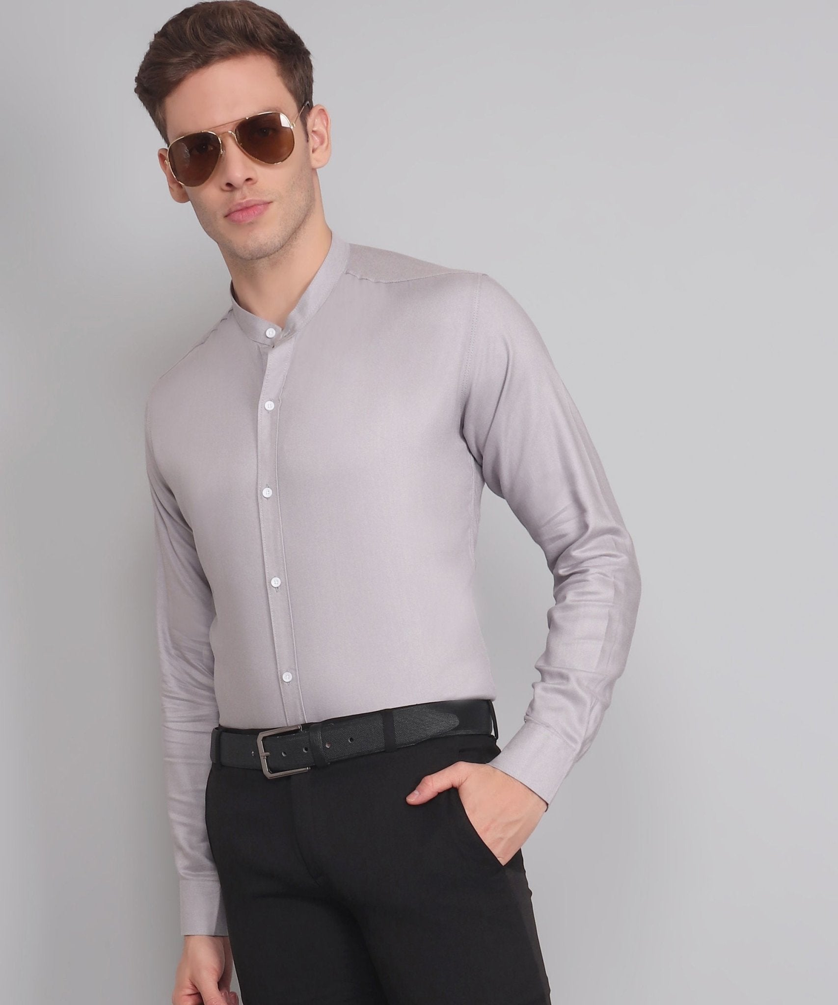 TryBuy Premium Luxurious Full Sleeves Mandarin Collar Silver Cotton Casual Shirt for Men - TryBuy® USA🇺🇸