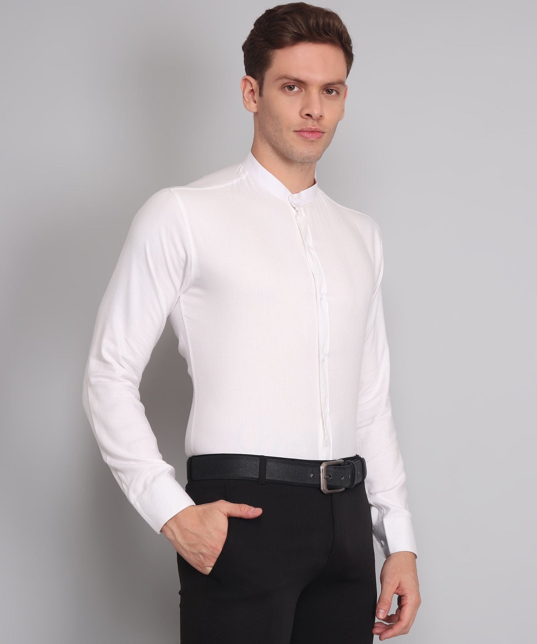 TryBuy Premium Luxurious Full Sleeves Mandarin Collar White Cotton Casual Shirt for Men - TryBuy® USA🇺🇸