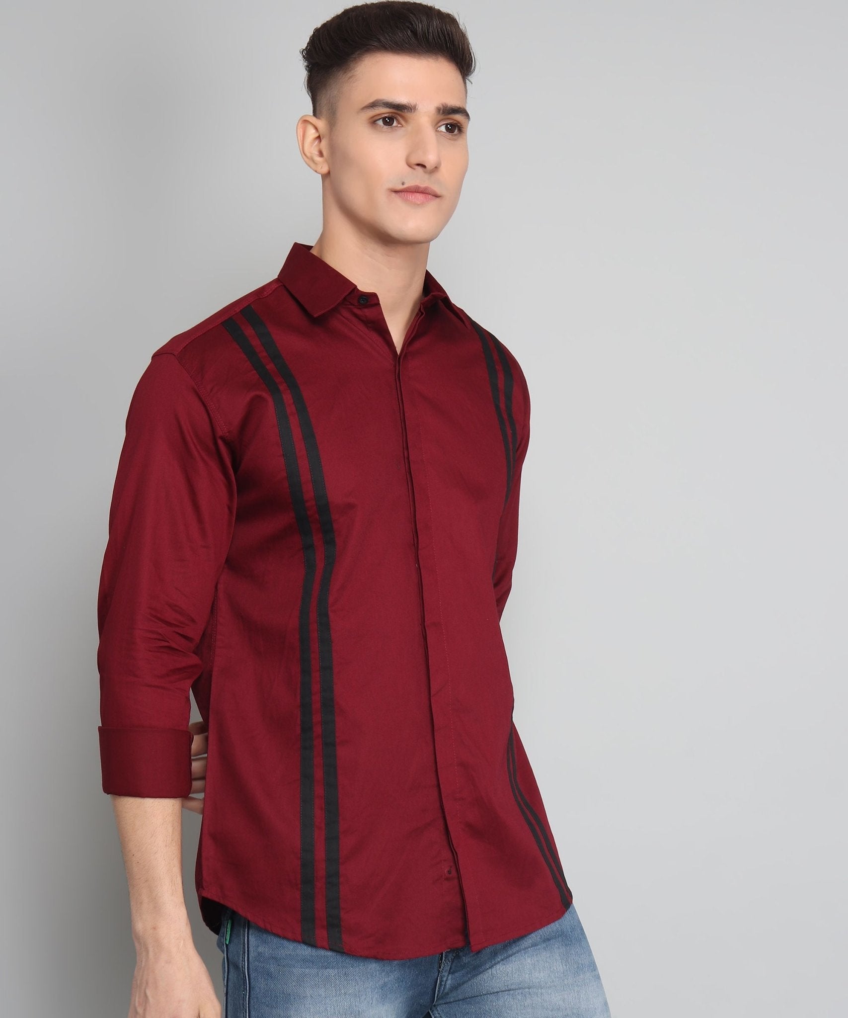 TryBuy Premium Maroon Colored Black Striped Cotton Casual Shirt for Men - TryBuy® USA🇺🇸