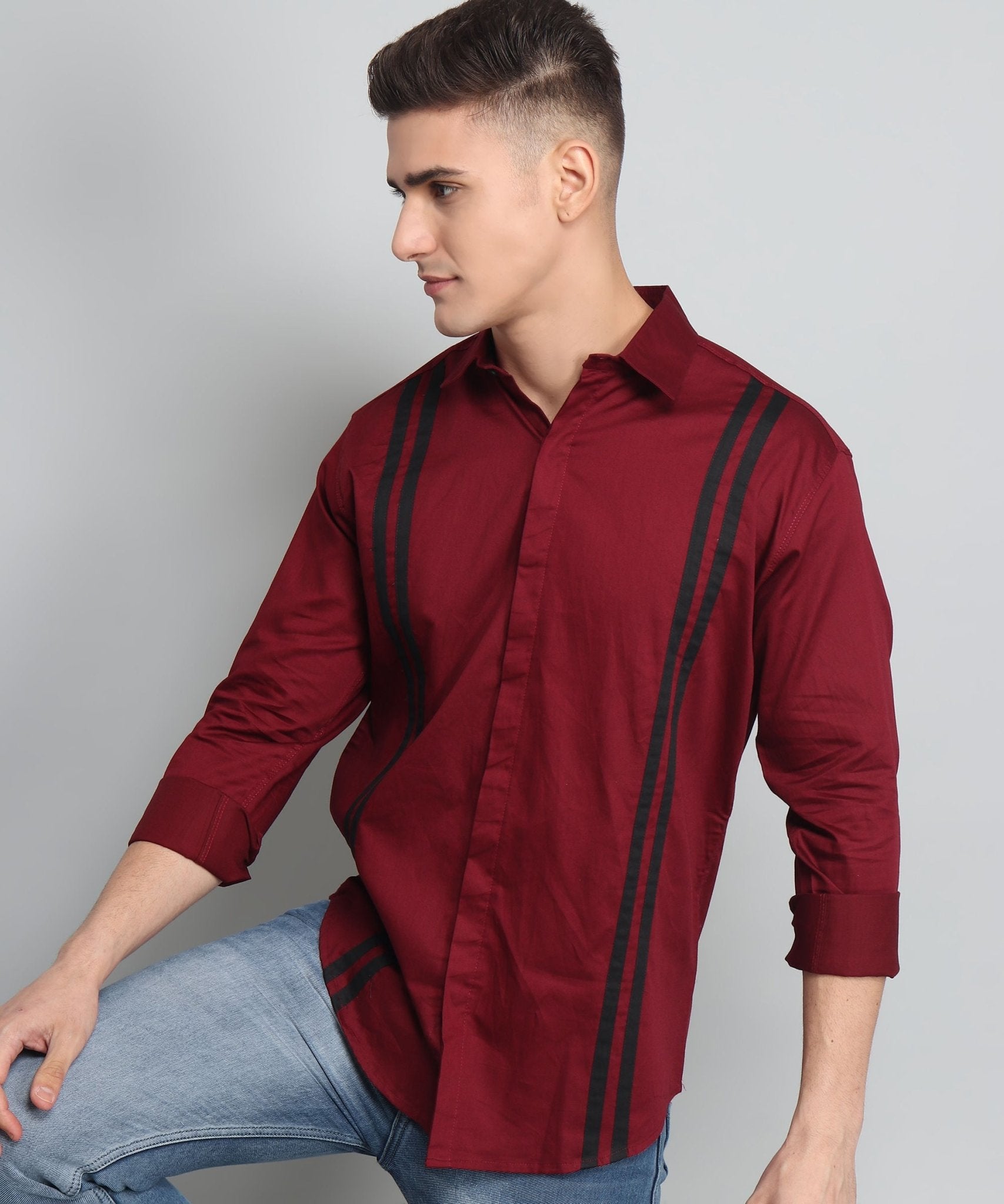 TryBuy Premium Maroon Colored Black Striped Cotton Casual Shirt for Men - TryBuy® USA🇺🇸