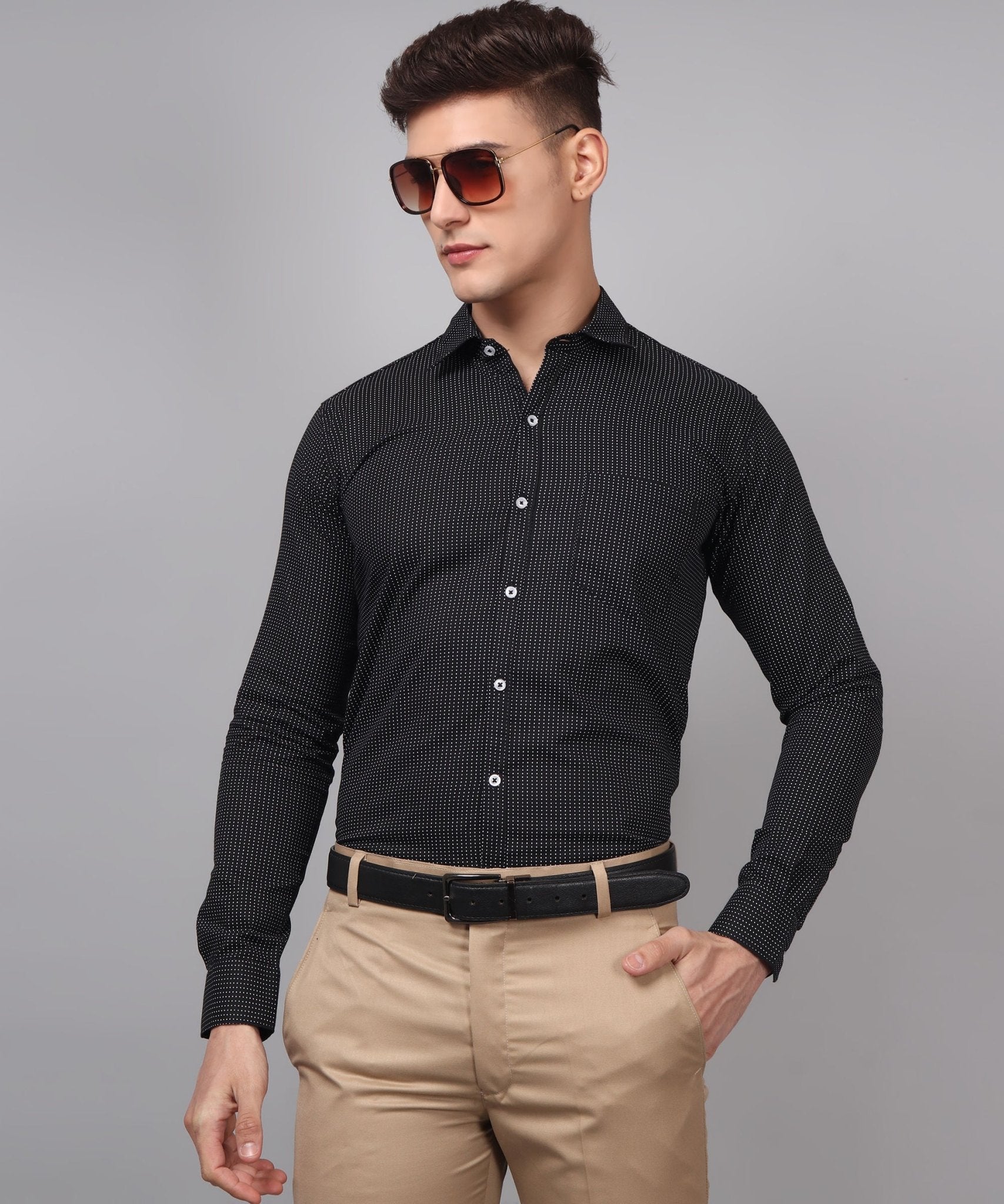 TryBuy Premium Pure Cotton Dot Printed Casual/Formal Black Shirt for Men - TryBuy® USA🇺🇸