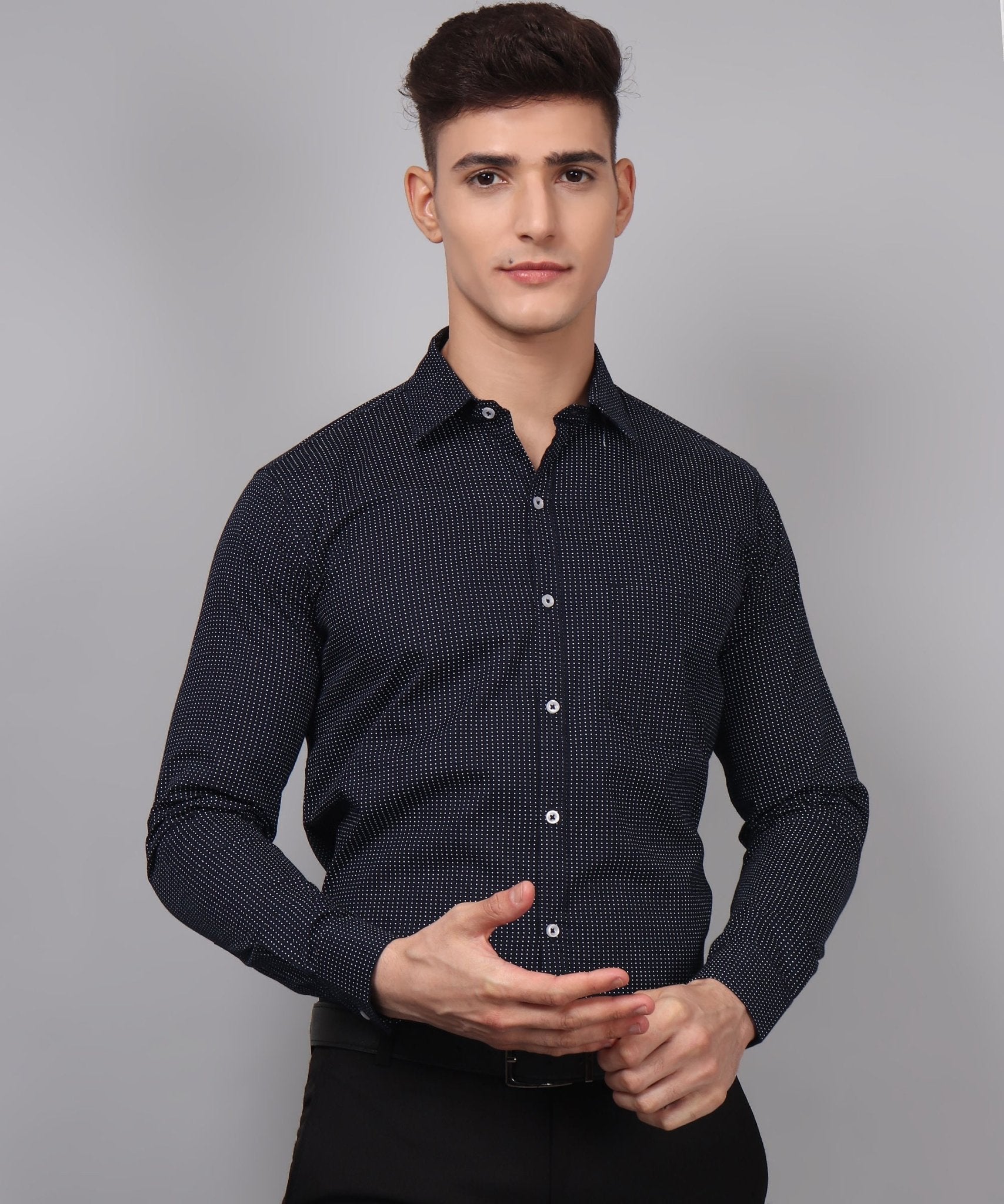 TryBuy Premium Pure Cotton Dot Printed Casual/Formal Navy Blue Shirt for Men - TryBuy® USA🇺🇸