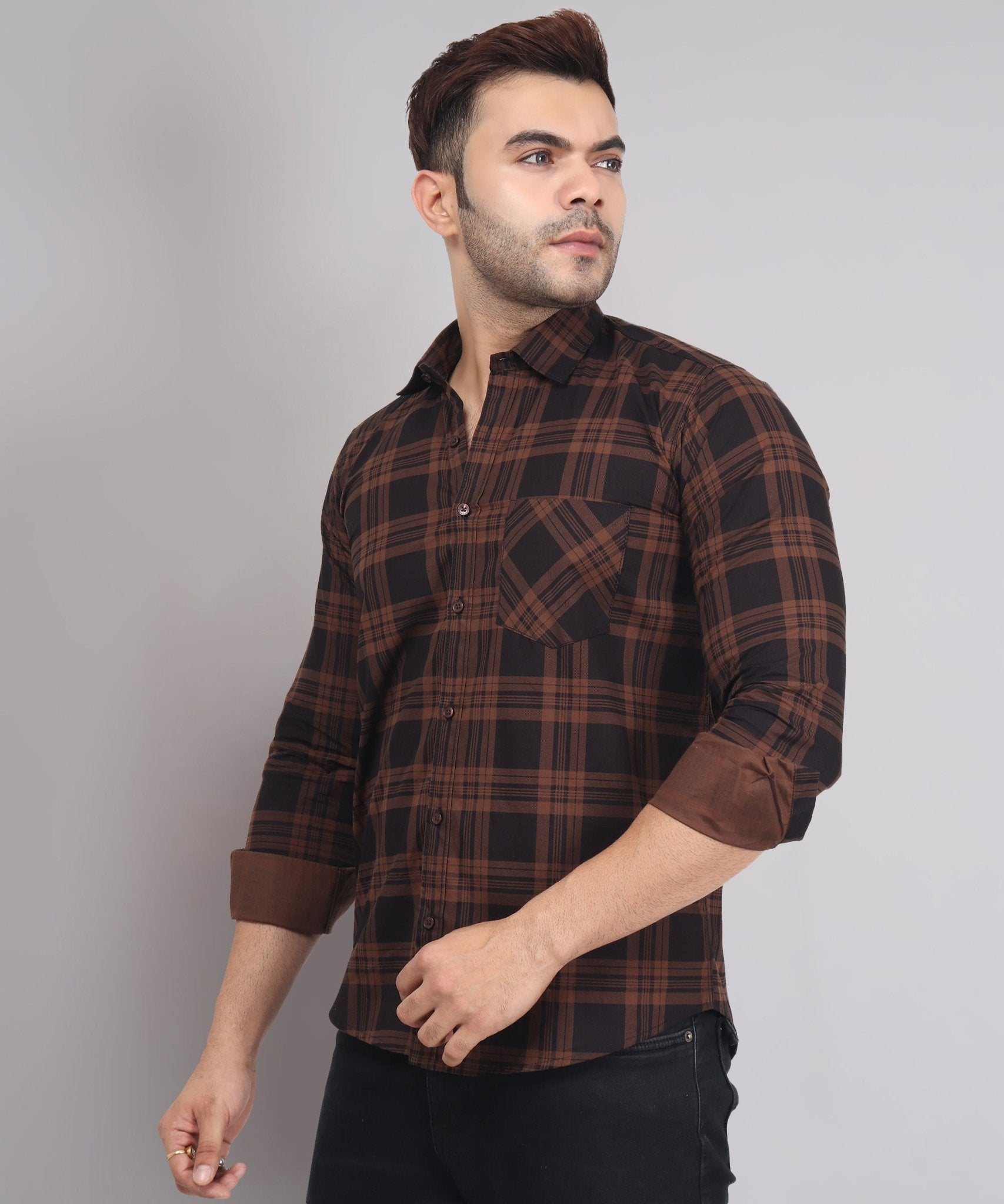 TryBuy Premium Robert Brown Black Checks Cotton Casual Shirts for Men - TryBuy® USA🇺🇸