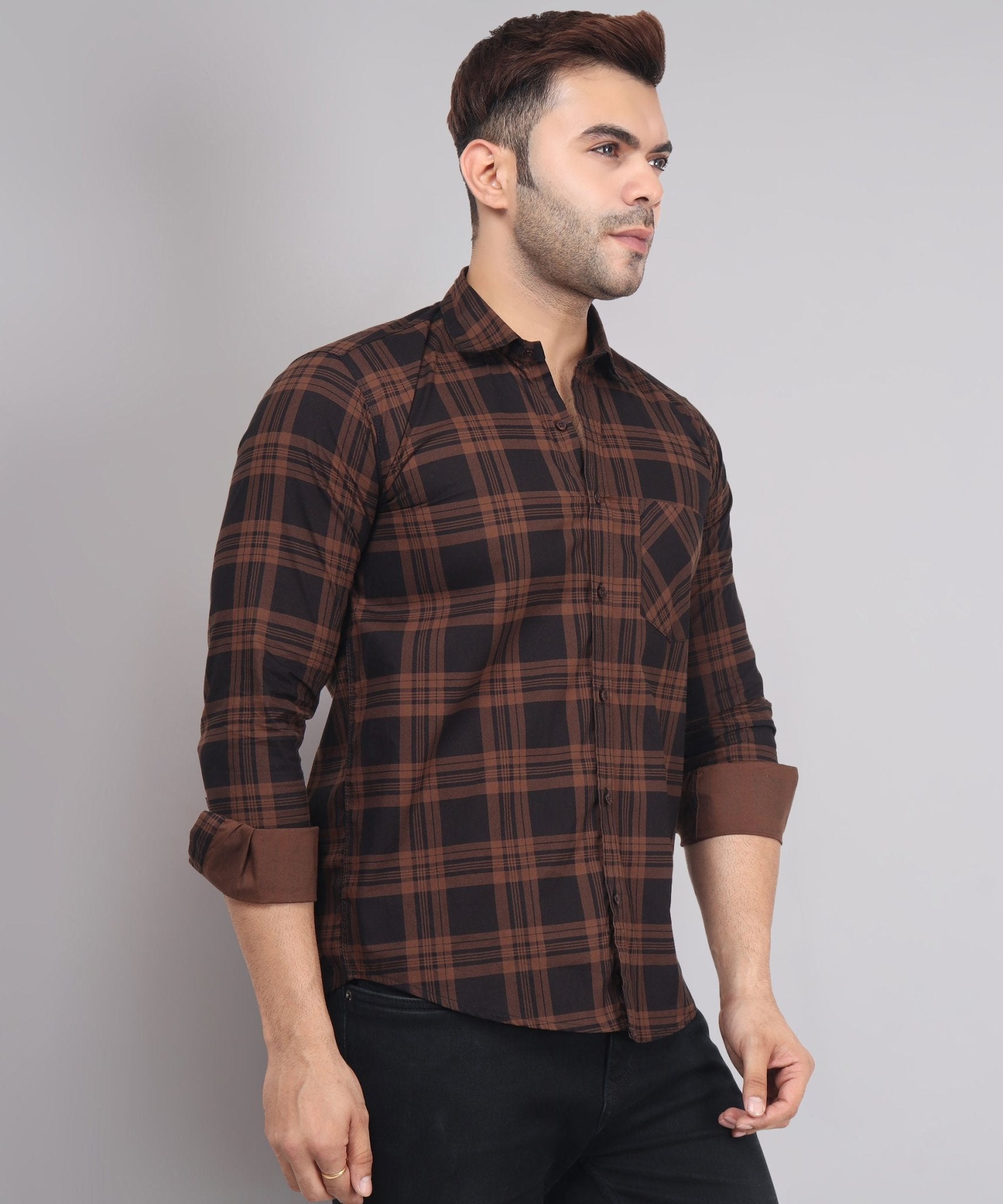 TryBuy Premium Robert Brown Black Checks Cotton Casual Shirts for Men - TryBuy® USA🇺🇸